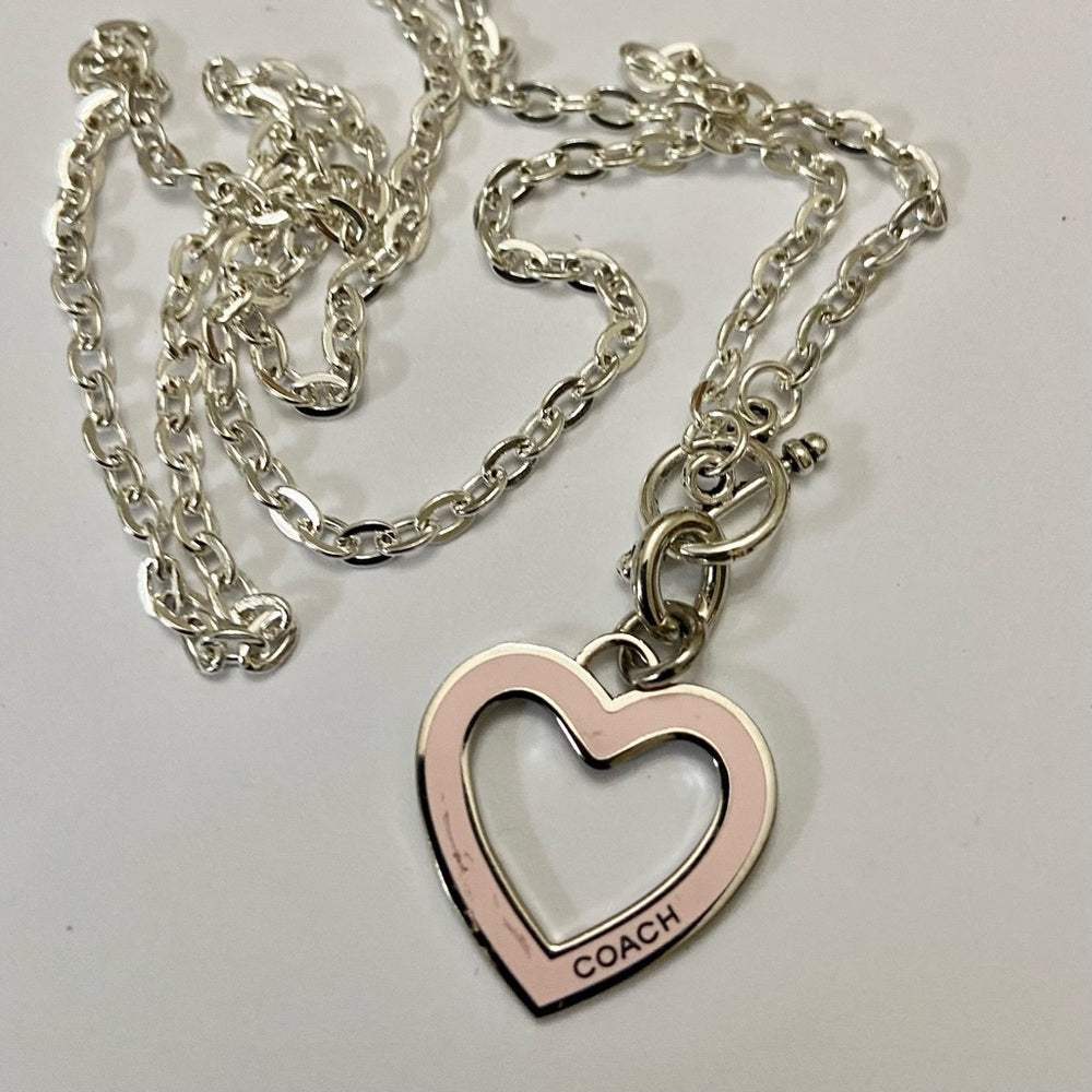Coach, Pink Heart Enamel Silver Tone Pendant Necklace