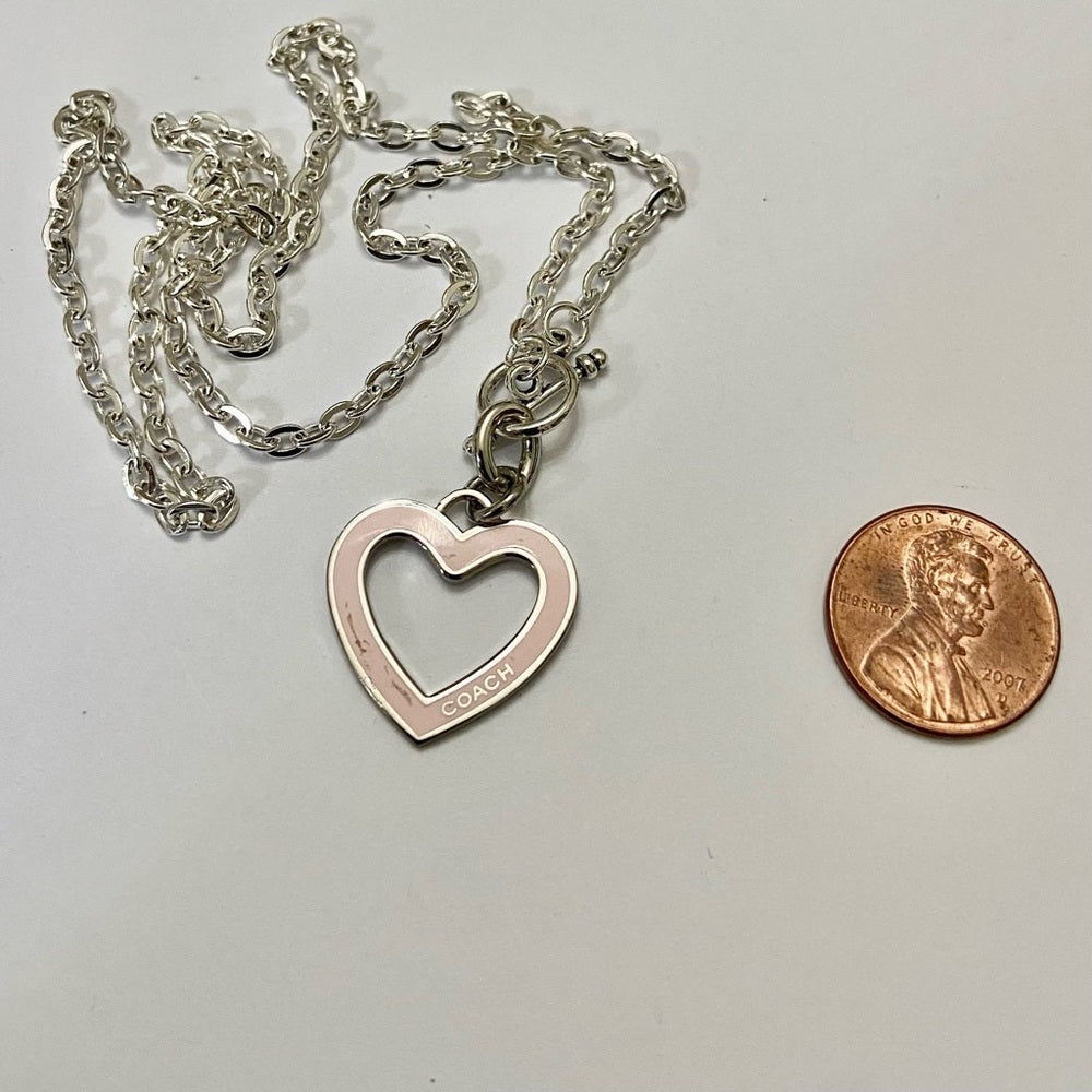 Coach, Pink Heart Enamel Silver Tone Pendant Necklace