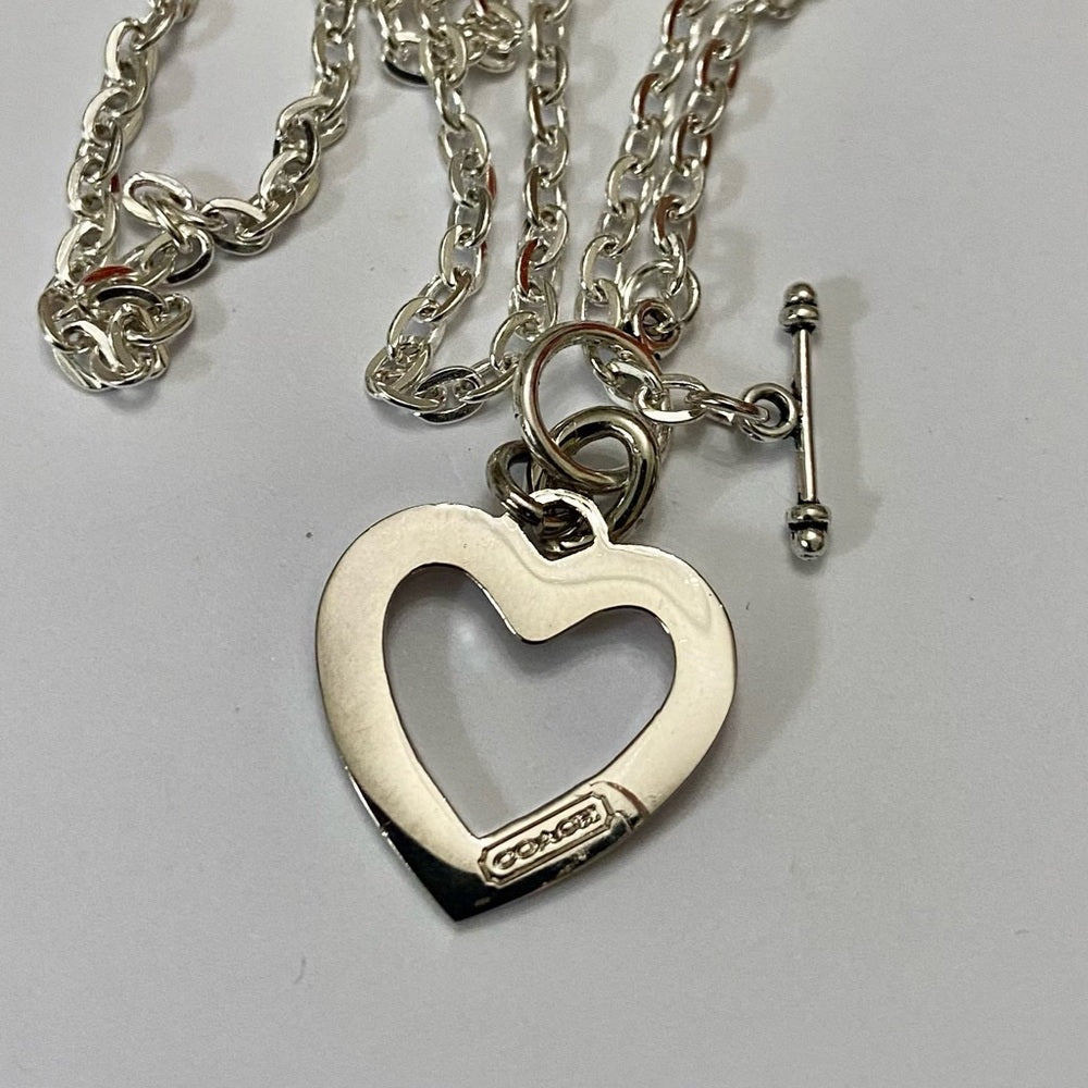Coach, Pink Heart Enamel Silver Tone Pendant Necklace