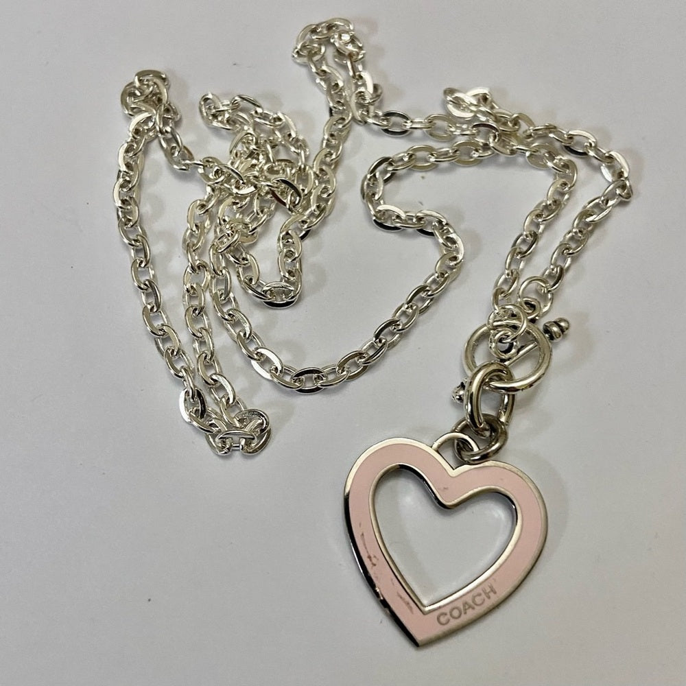 Coach, Pink Heart Enamel Silver Tone Pendant Necklace