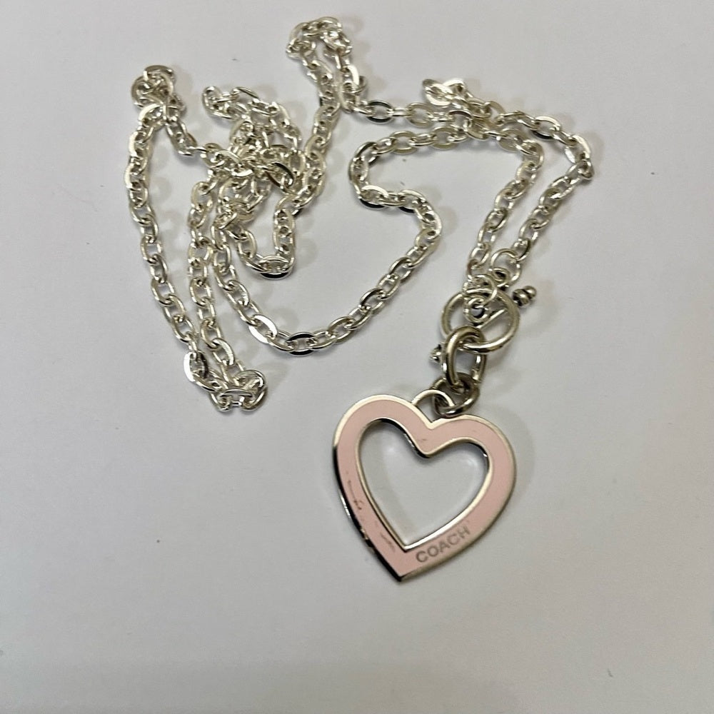 Coach, Pink Heart Enamel Silver Tone Pendant Necklace