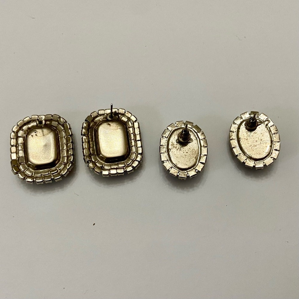 Vintage, Silver Tone, 2 Pairs of Black and Blue Rhinestone Pierced Earrings