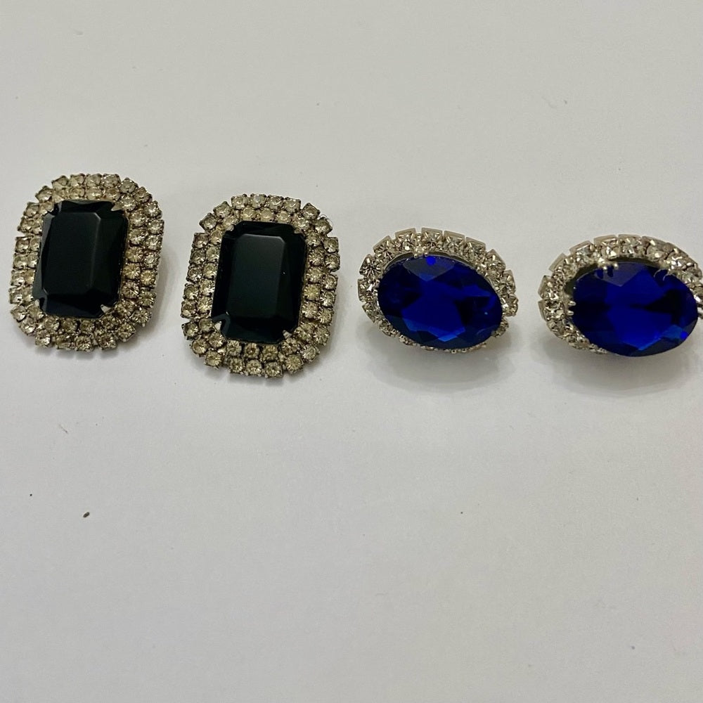 Vintage, Silver Tone, 2 Pairs of Black and Blue Rhinestone Pierced Earrings