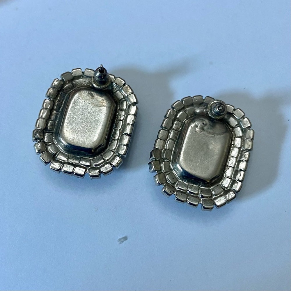 Vintage, Silver Tone, 2 Pairs of Black and Blue Rhinestone Pierced Earrings