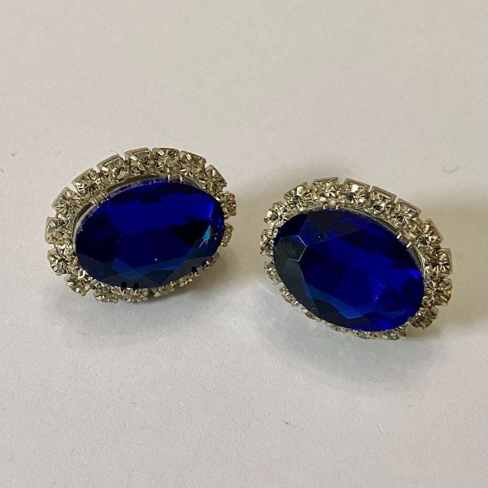 Vintage, Silver Tone, 2 Pairs of Black and Blue Rhinestone Pierced Earrings