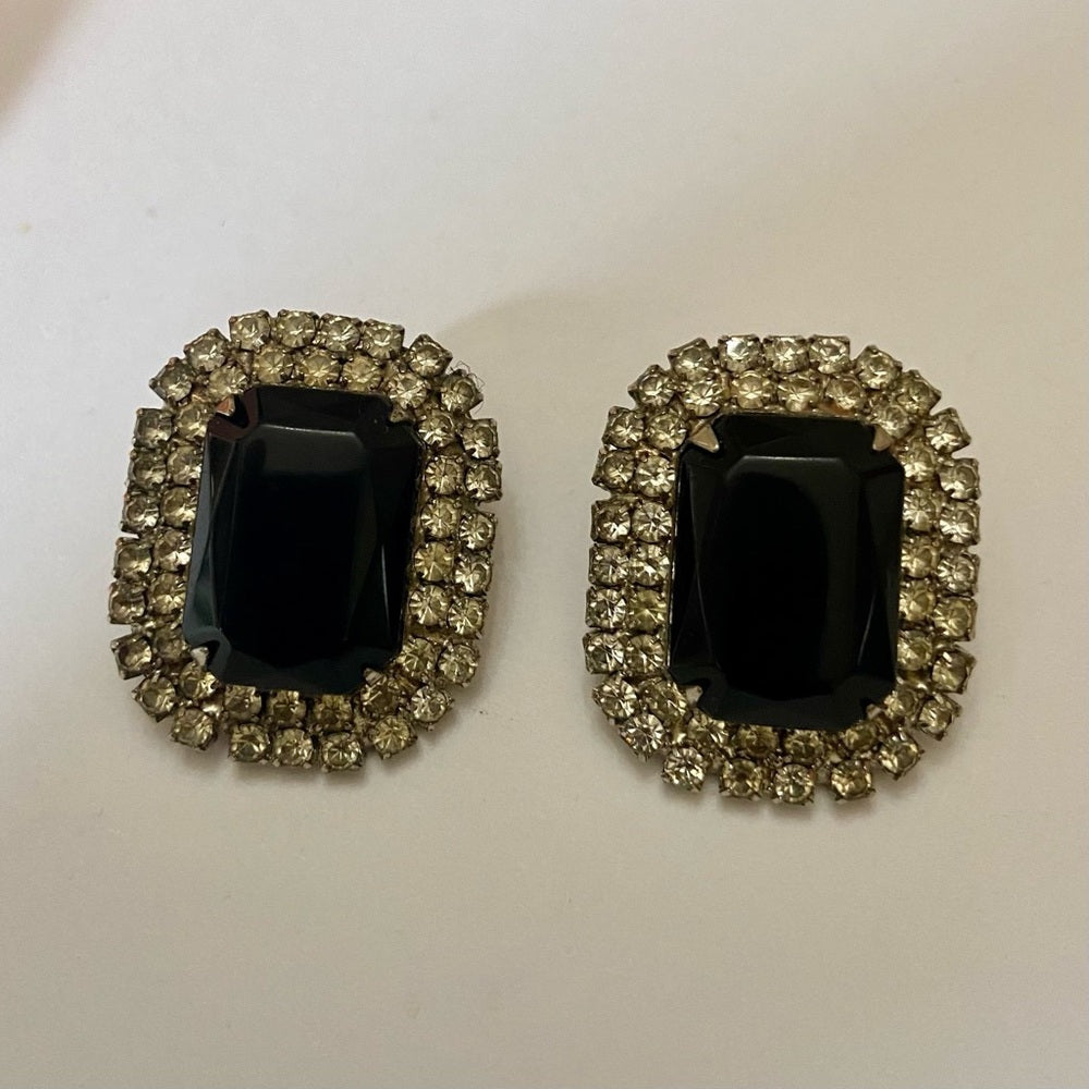 Vintage, Silver Tone, 2 Pairs of Black and Blue Rhinestone Pierced Earrings