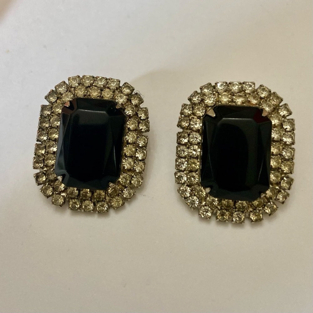 Vintage, Silver Tone, 2 Pairs of Black and Blue Rhinestone Pierced Earrings