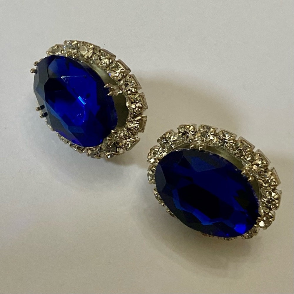 Vintage, Silver Tone, 2 Pairs of Black and Blue Rhinestone Pierced Earrings