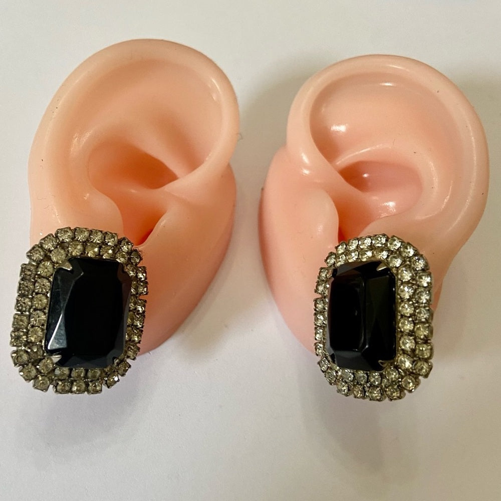 Vintage, Silver Tone, 2 Pairs of Black and Blue Rhinestone Pierced Earrings