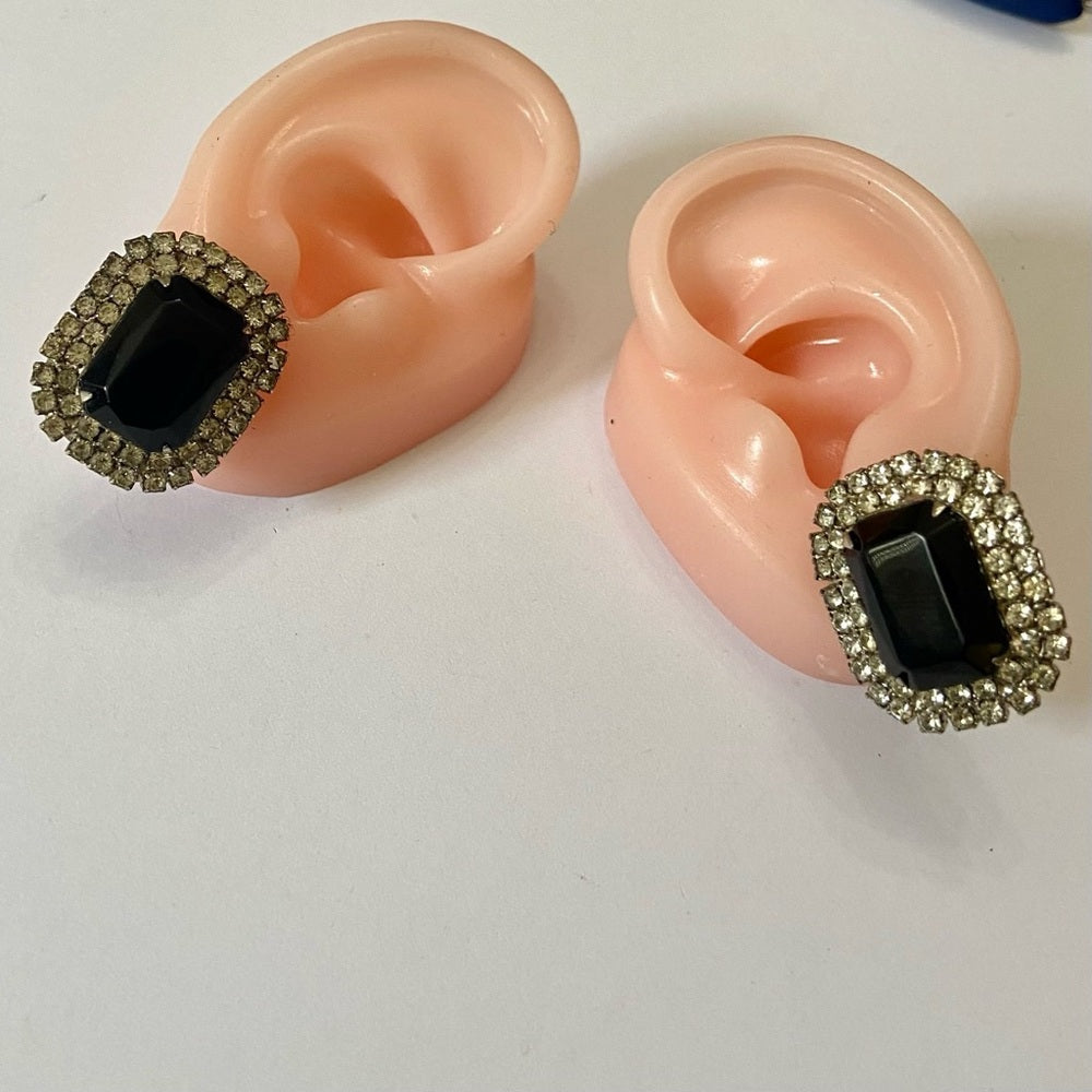 Vintage, Silver Tone, 2 Pairs of Black and Blue Rhinestone Pierced Earrings