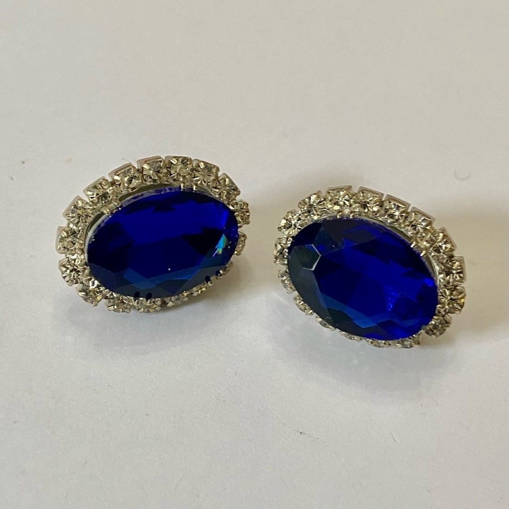 Vintage, Silver Tone, 2 Pairs of Black and Blue Rhinestone Pierced Earrings