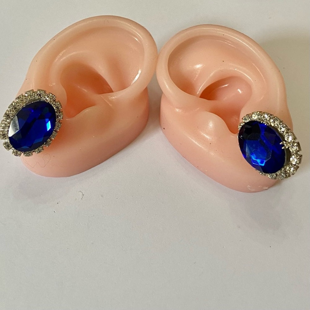 Vintage, Silver Tone, 2 Pairs of Black and Blue Rhinestone Pierced Earrings