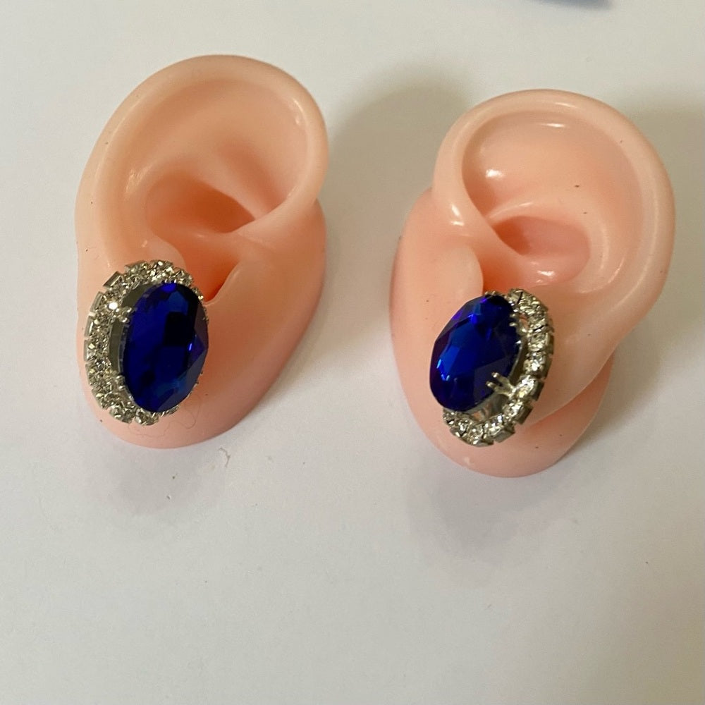 Vintage, Silver Tone, 2 Pairs of Black and Blue Rhinestone Pierced Earrings