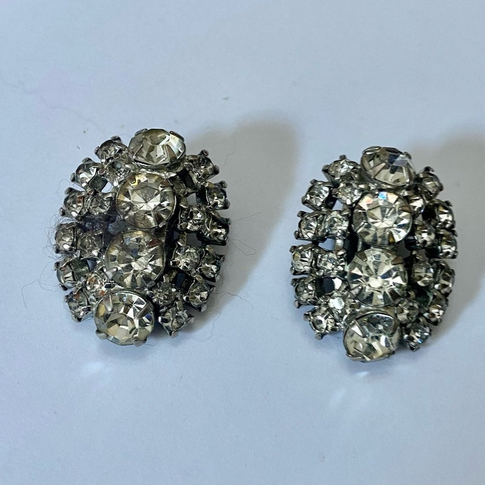 Vintage, Faux Clear Gemstone- Rhinestones Clip Earrings