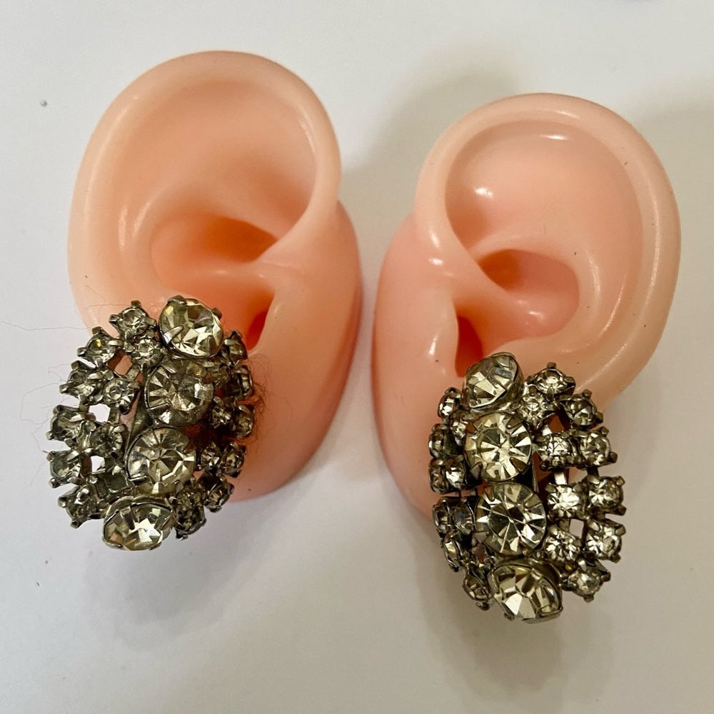 Vintage, Faux Clear Gemstone- Rhinestones Clip Earrings