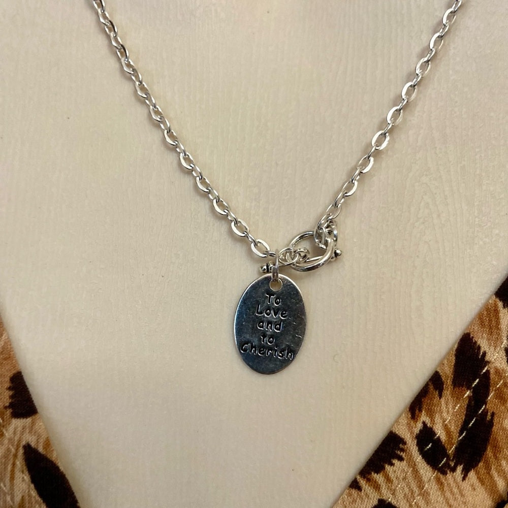 To Love and To Cherish, 1in x 1/2in Silver Tone Pendant Necklace