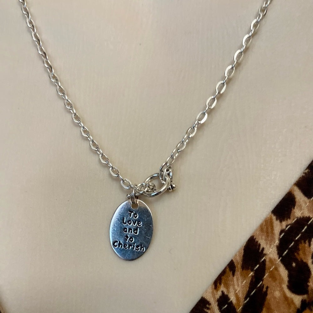 To Love and To Cherish, 1in x 1/2in Silver Tone Pendant Necklace