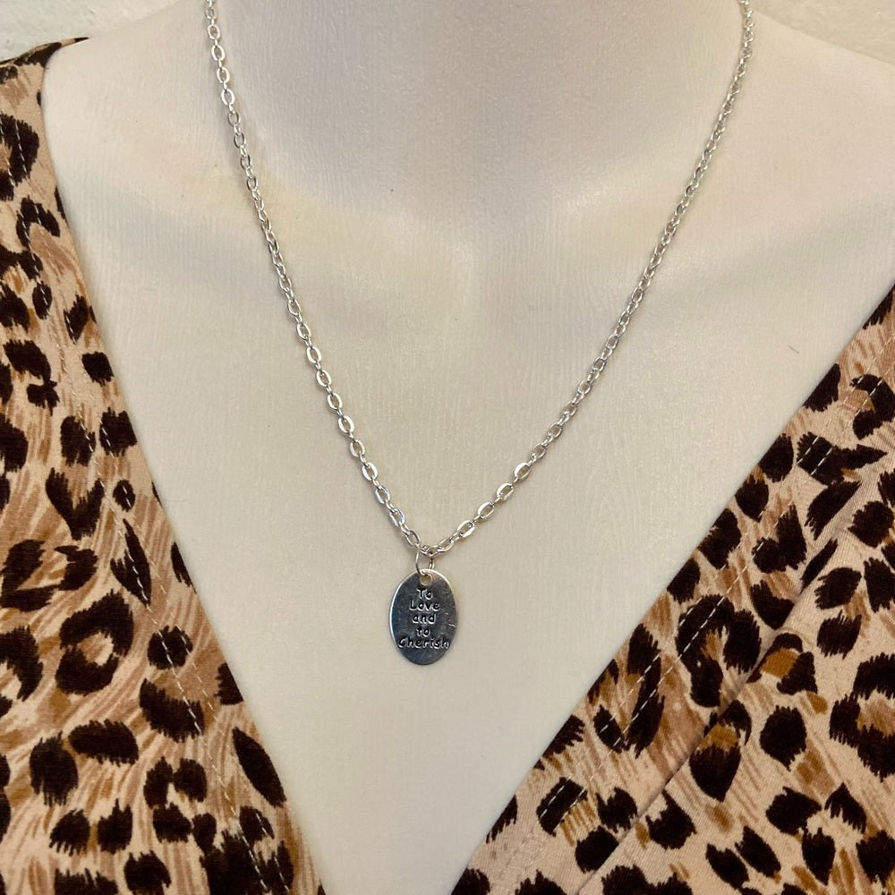 To Love and To Cherish, 1in x 1/2in Silver Tone Pendant Necklace