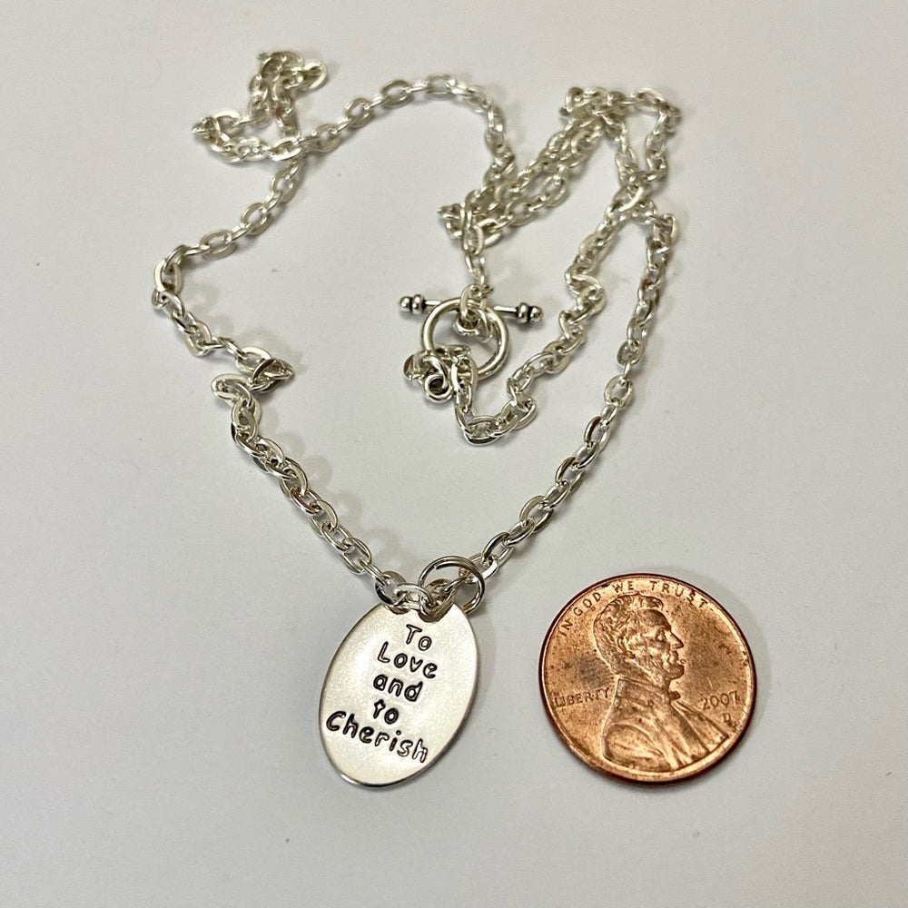 To Love and To Cherish, 1in x 1/2in Silver Tone Pendant Necklace