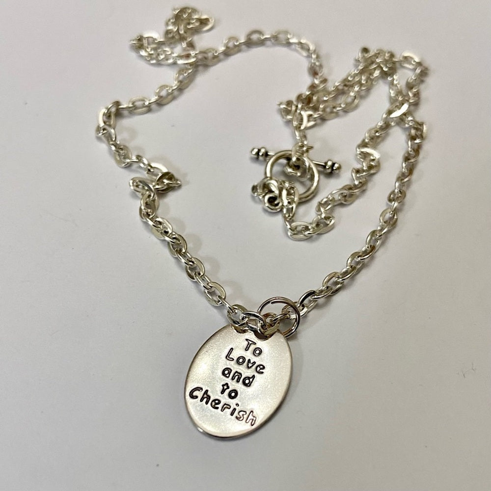 To Love and To Cherish, 1in x 1/2in Silver Tone Pendant Necklace