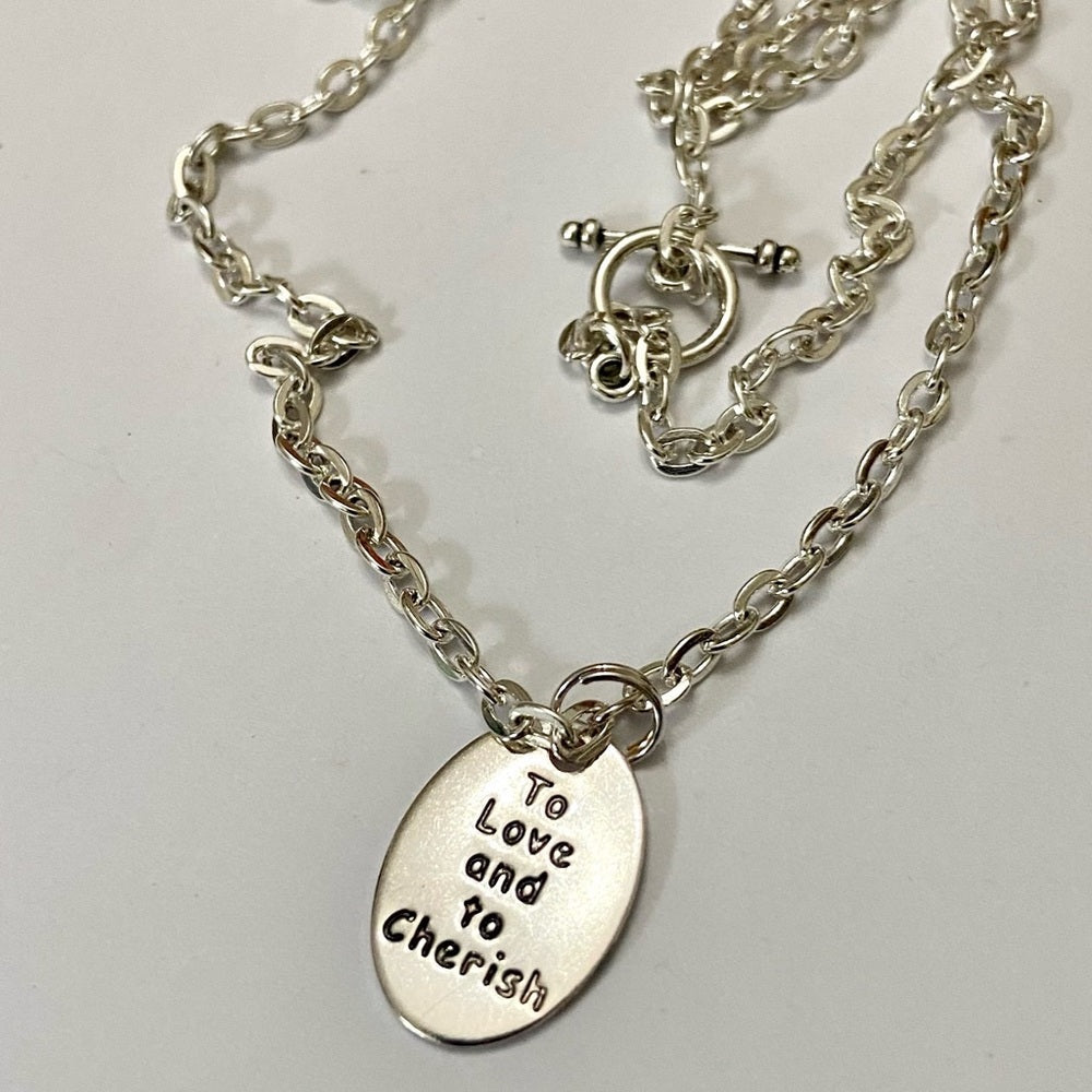 To Love and To Cherish, 1in x 1/2in Silver Tone Pendant Necklace