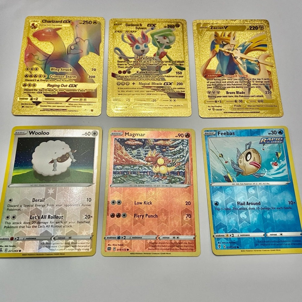 Lot (A): 3 Pokemon Reverse Holo Cards and 3 Pokemon Gold Fan Arts