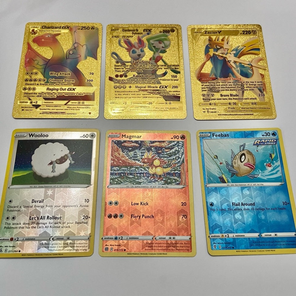 Lot (A): 3 Pokemon Reverse Holo Cards and 3 Pokemon Gold Fan Arts