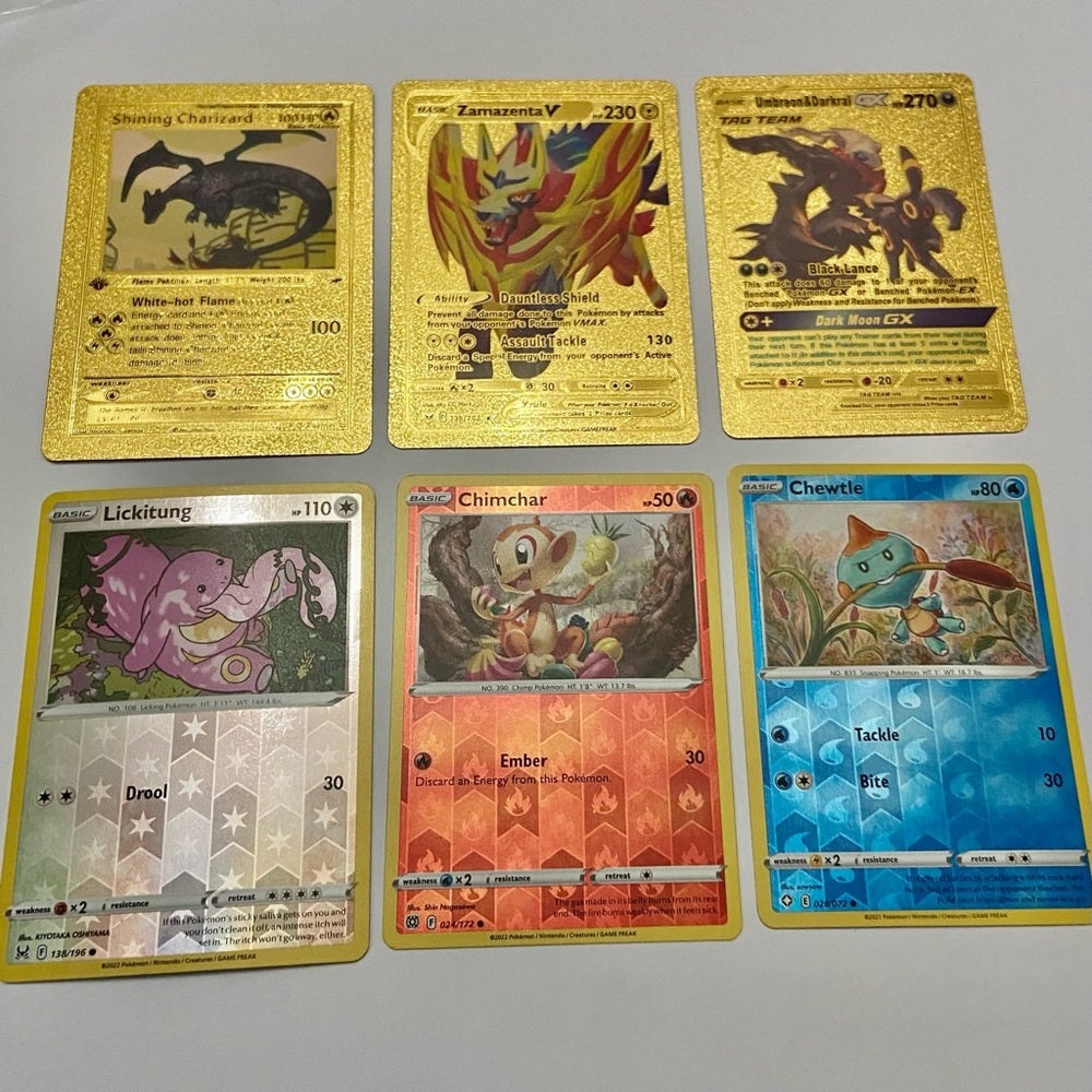 Lot (B): 3 Pokemon Reverse Holo Cards and 3 Pokemon Gold Fan Arts