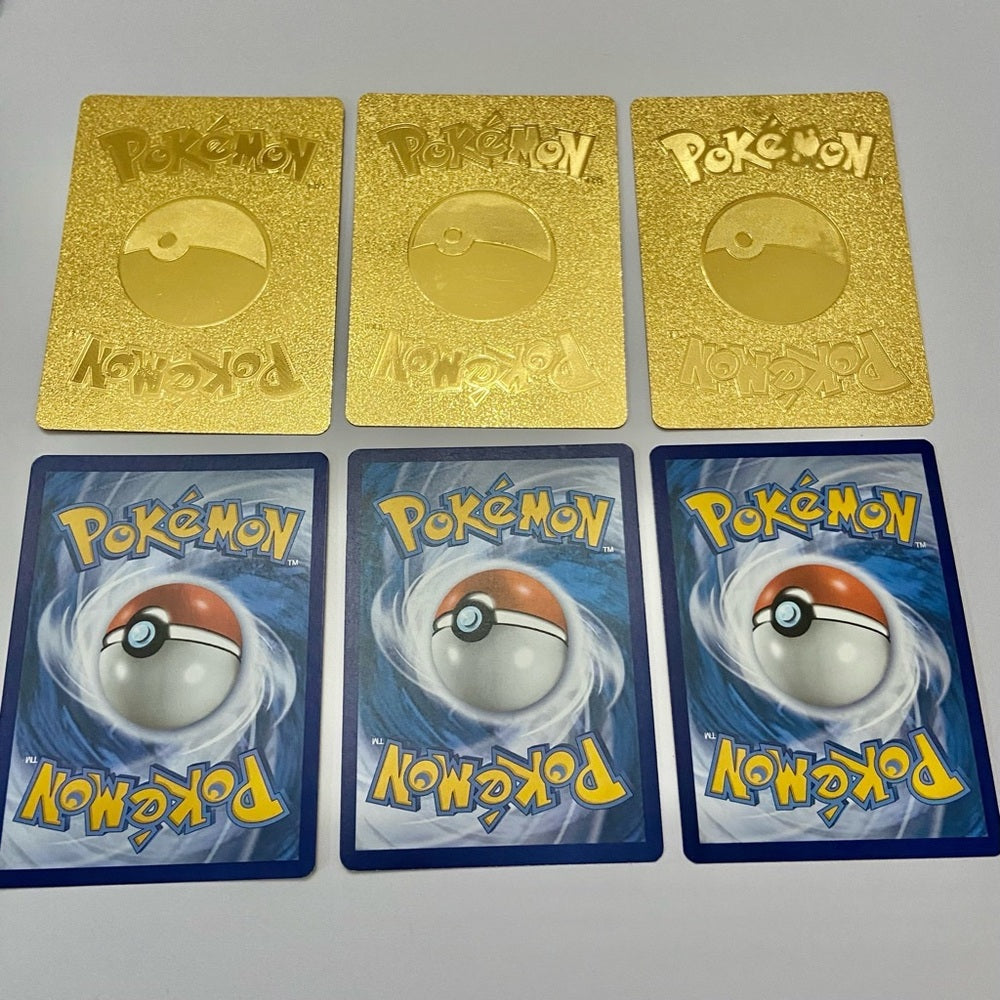Lot (B): 3 Pokemon Reverse Holo Cards and 3 Pokemon Gold Fan Arts
