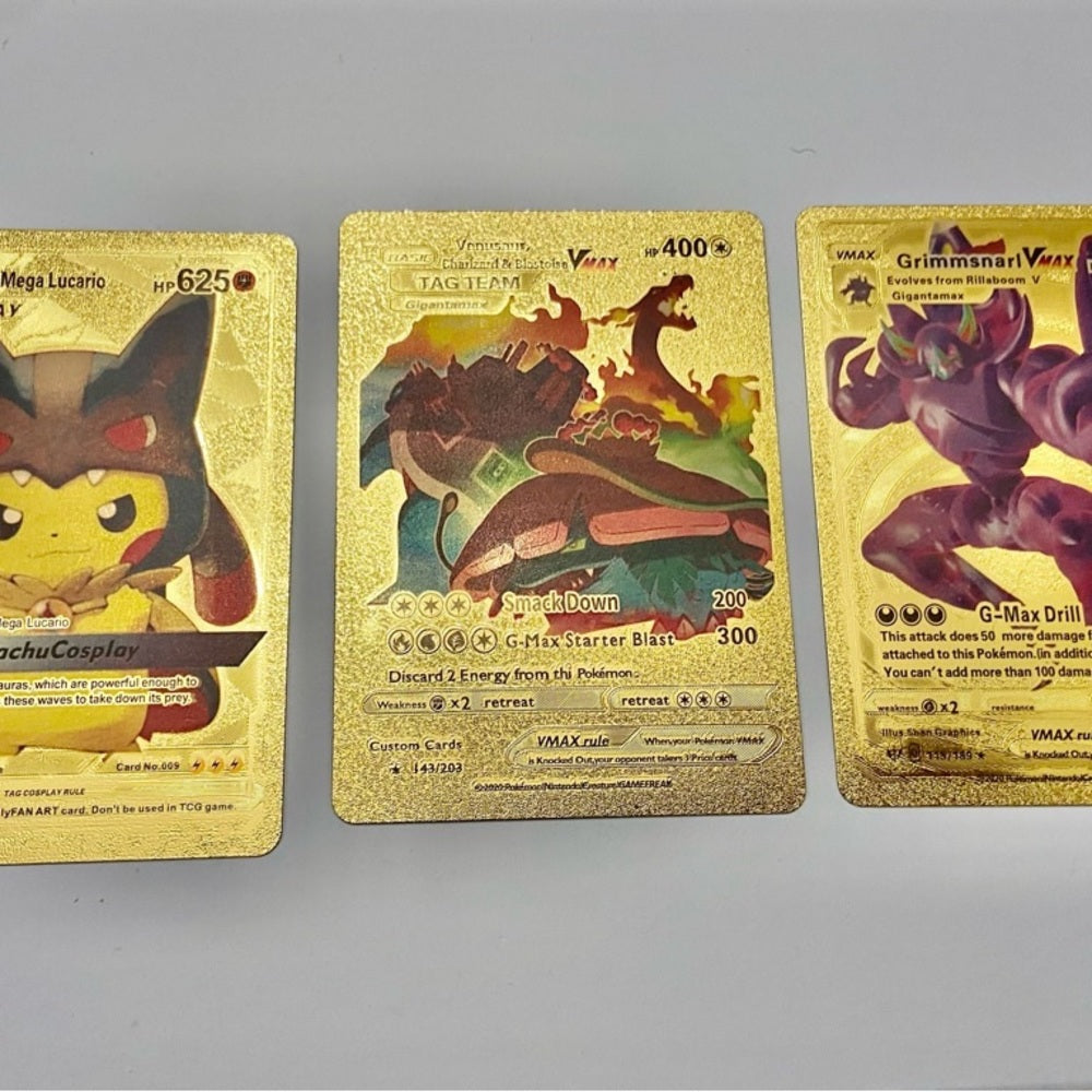 Lot (C): 3 Pokemon Reverse Holo Cards and 3 Pokemon Gold Fan Arts