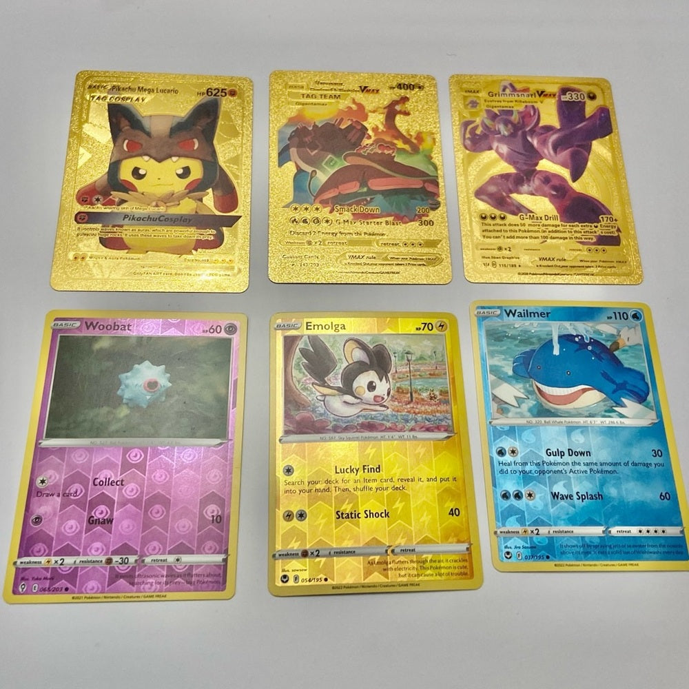 Lot (C): 3 Pokemon Reverse Holo Cards and 3 Pokemon Gold Fan Arts