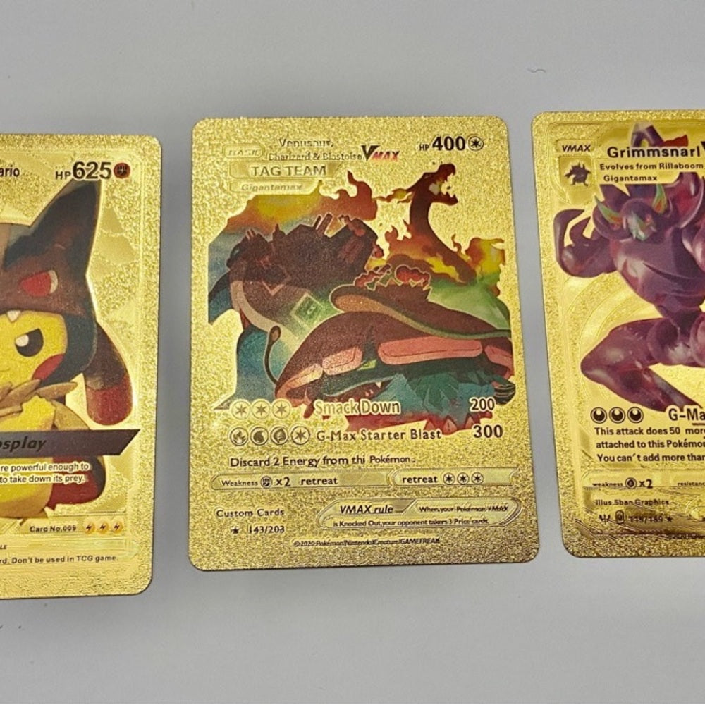 Lot (C): 3 Pokemon Reverse Holo Cards and 3 Pokemon Gold Fan Arts