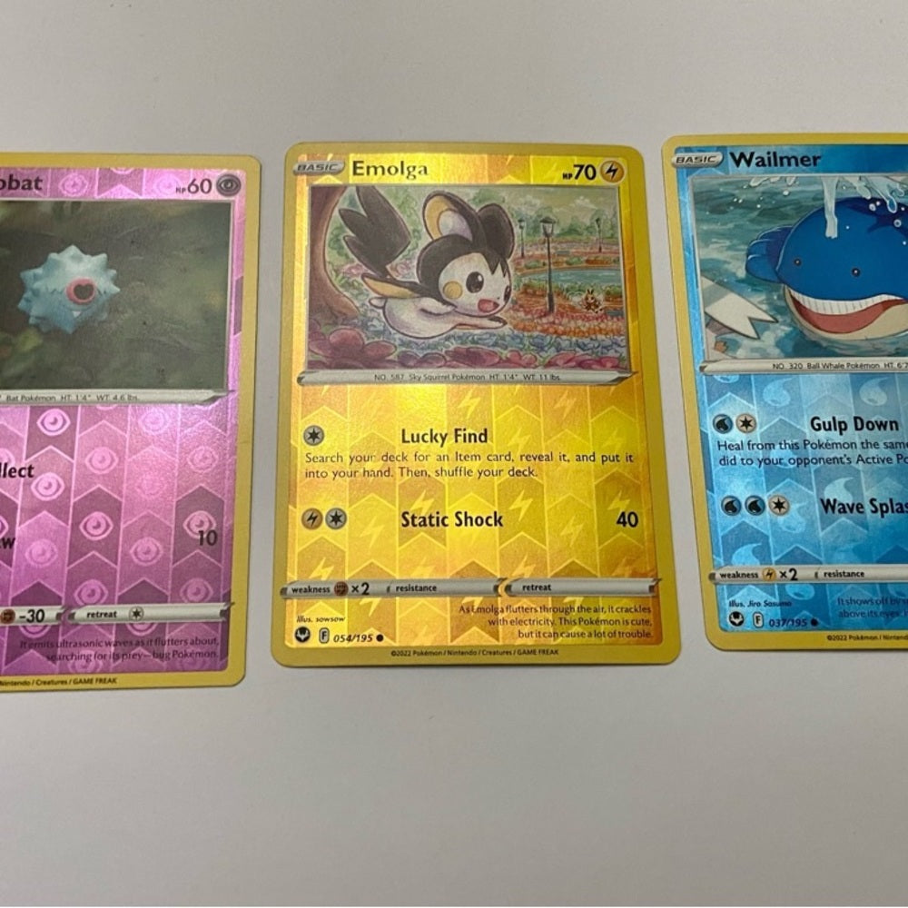 Lot (C): 3 Pokemon Reverse Holo Cards and 3 Pokemon Gold Fan Arts