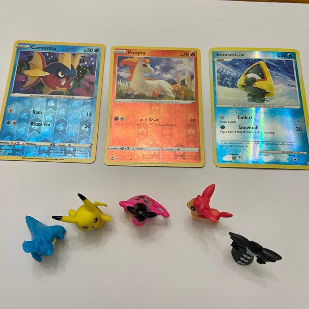 Lot (B): 3 Pokemon Reverse Holo Cards and 5 Pokemon Figures