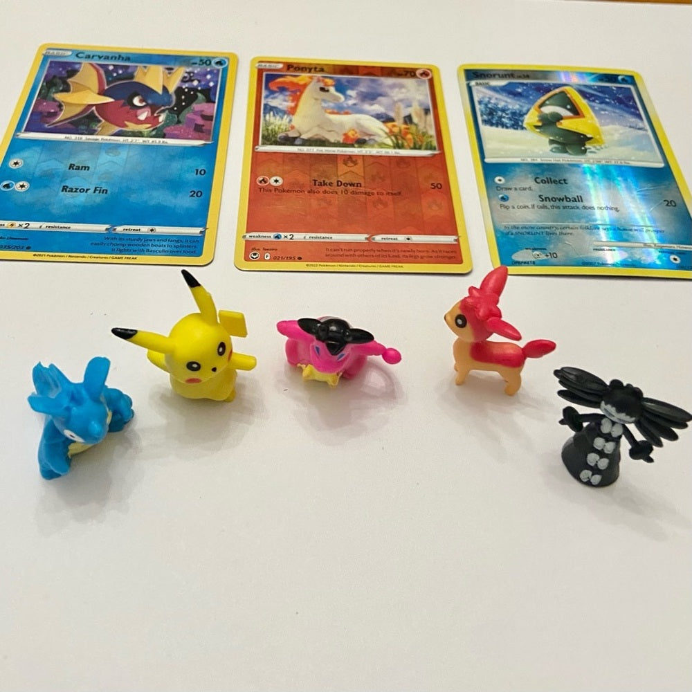 Lot (B): 3 Pokemon Reverse Holo Cards and 5 Pokemon Figures