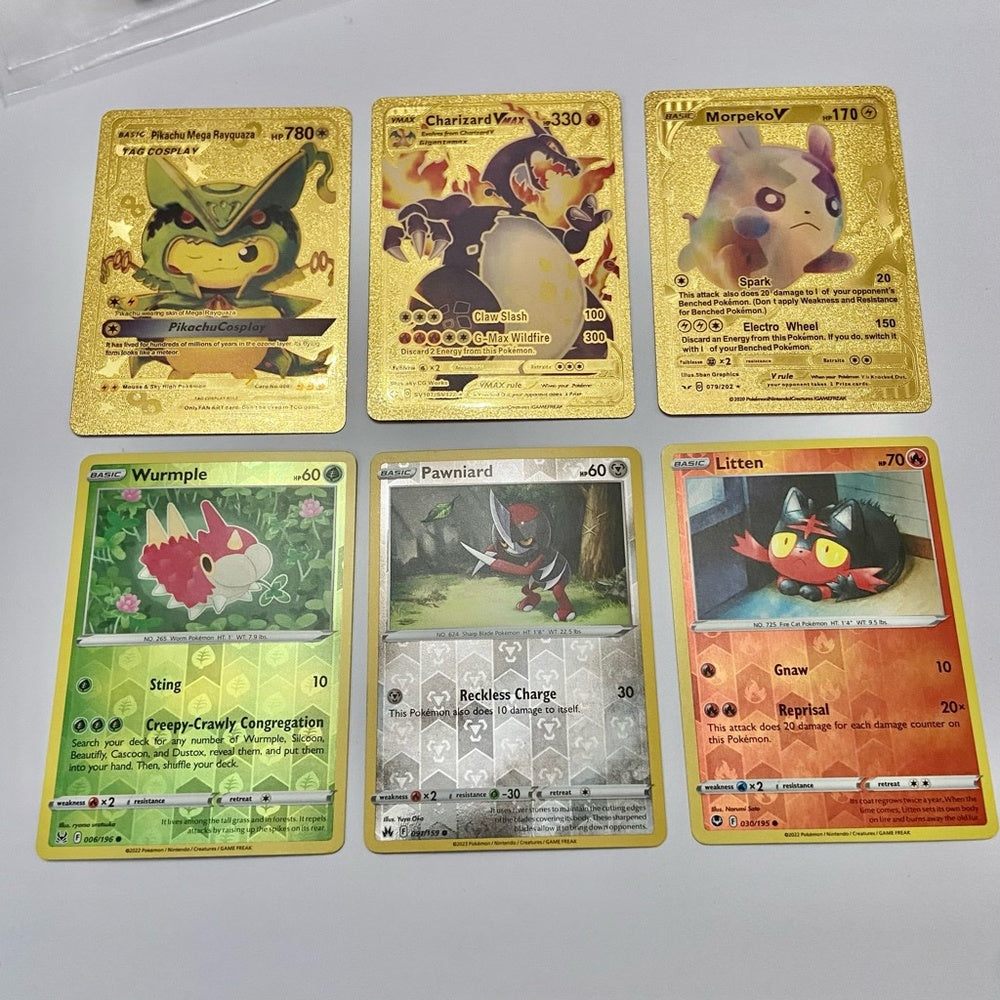 Lot (D): 3 Pokemon Reverse Holo Cards and 3 Pokemon Gold Fan Arts