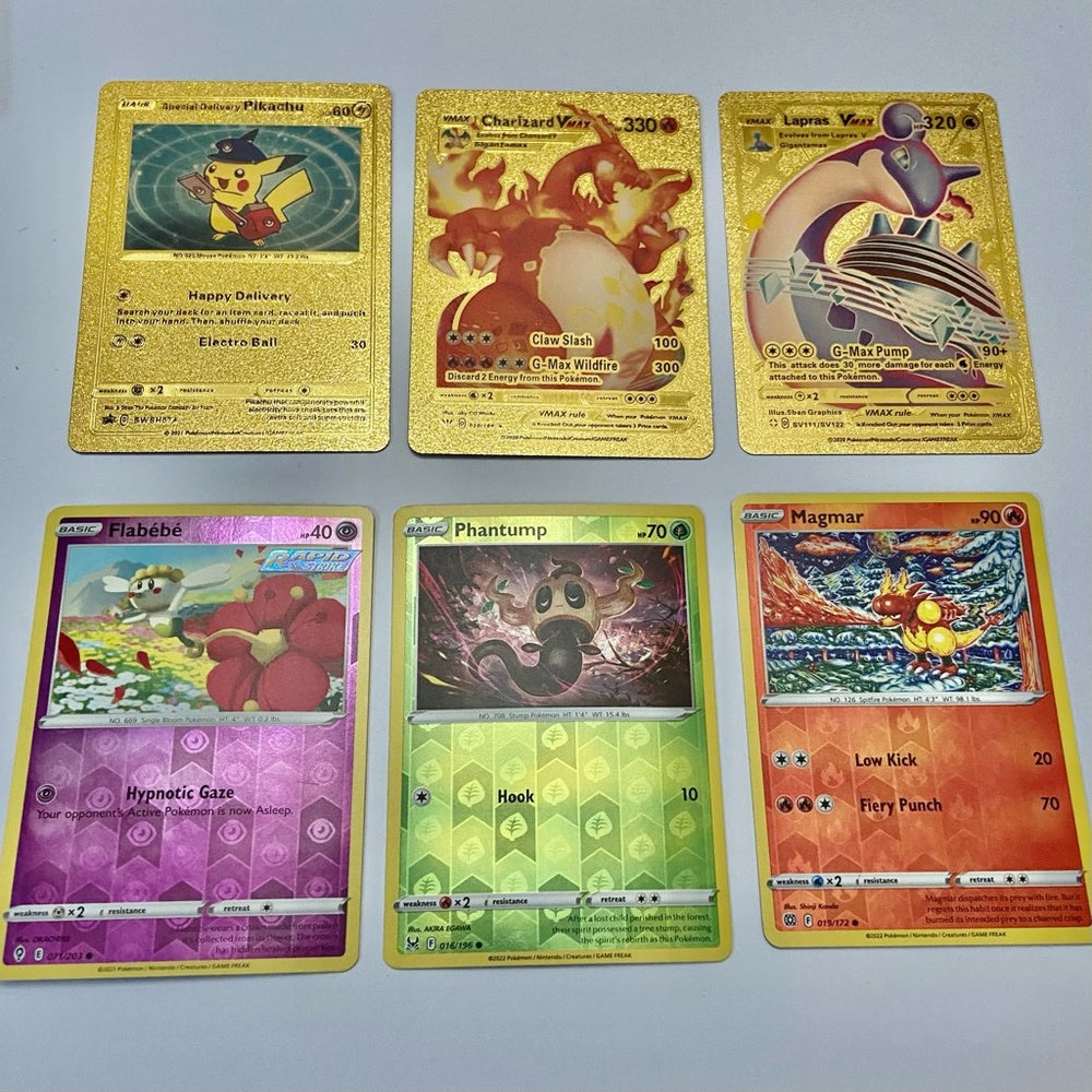 Lot (G): 3 Pokemon Reverse Holo Cards and 3 Pokemon Gold Fan Arts
