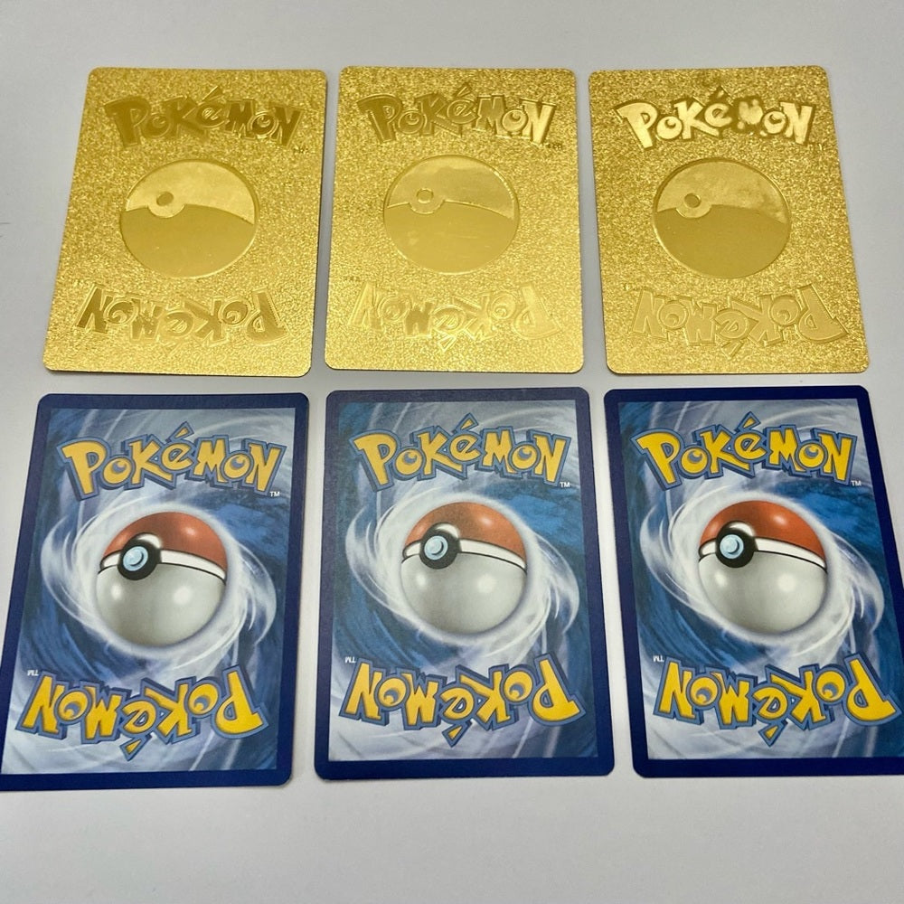 Lot (I): 3 Pokemon Reverse Holo Cards and 3 Pokemon Gold Fan Arts