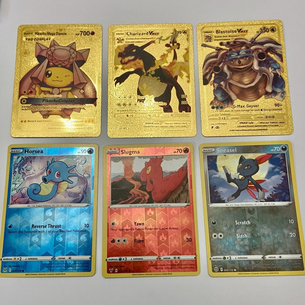Lot (I): 3 Pokemon Reverse Holo Cards and 3 Pokemon Gold Fan Arts