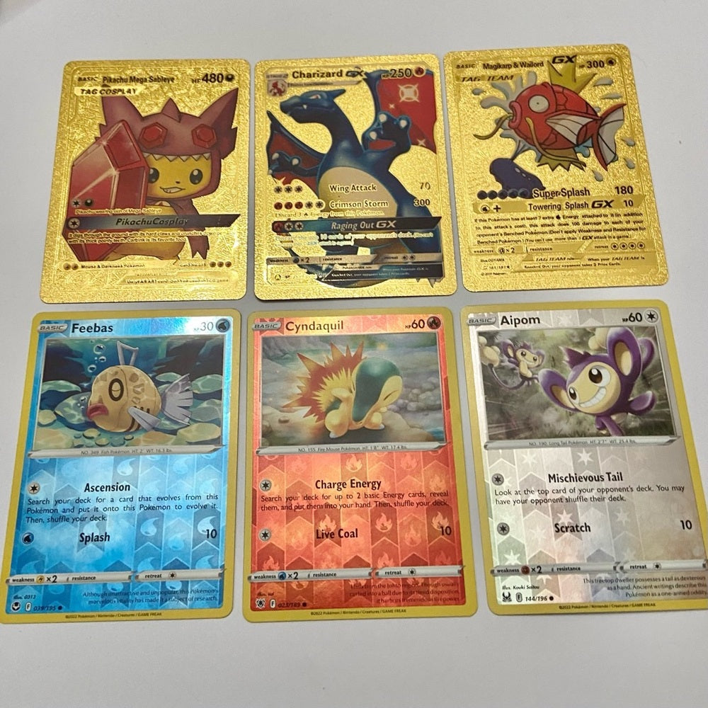 Lot (J): 3 Pokemon Reverse Holo Cards and 3 Pokemon Gold Fan Arts