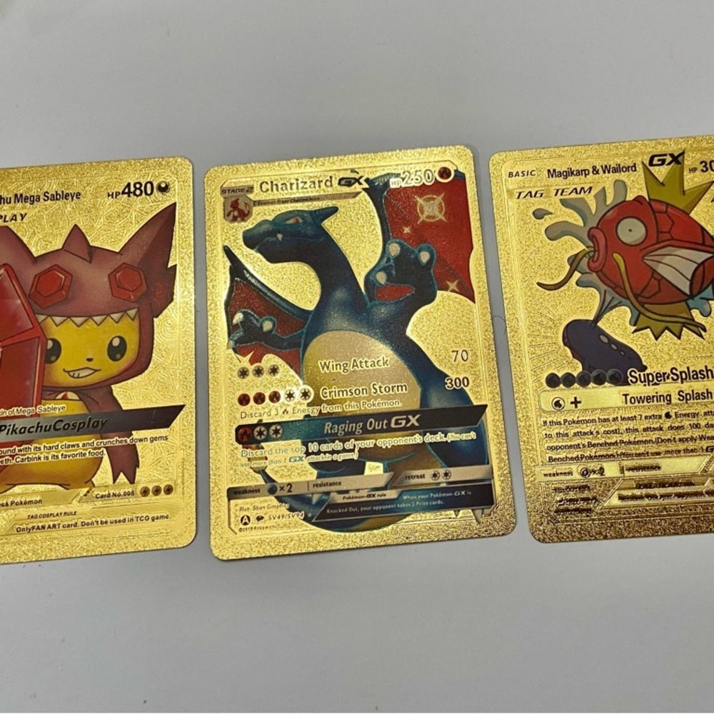 Lot (J): 3 Pokemon Reverse Holo Cards and 3 Pokemon Gold Fan Arts