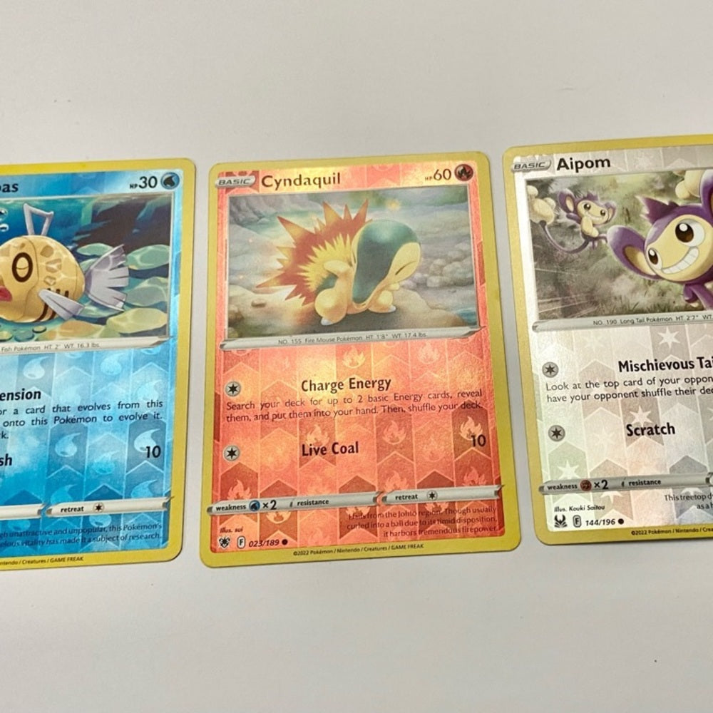 Lot (J): 3 Pokemon Reverse Holo Cards and 3 Pokemon Gold Fan Arts