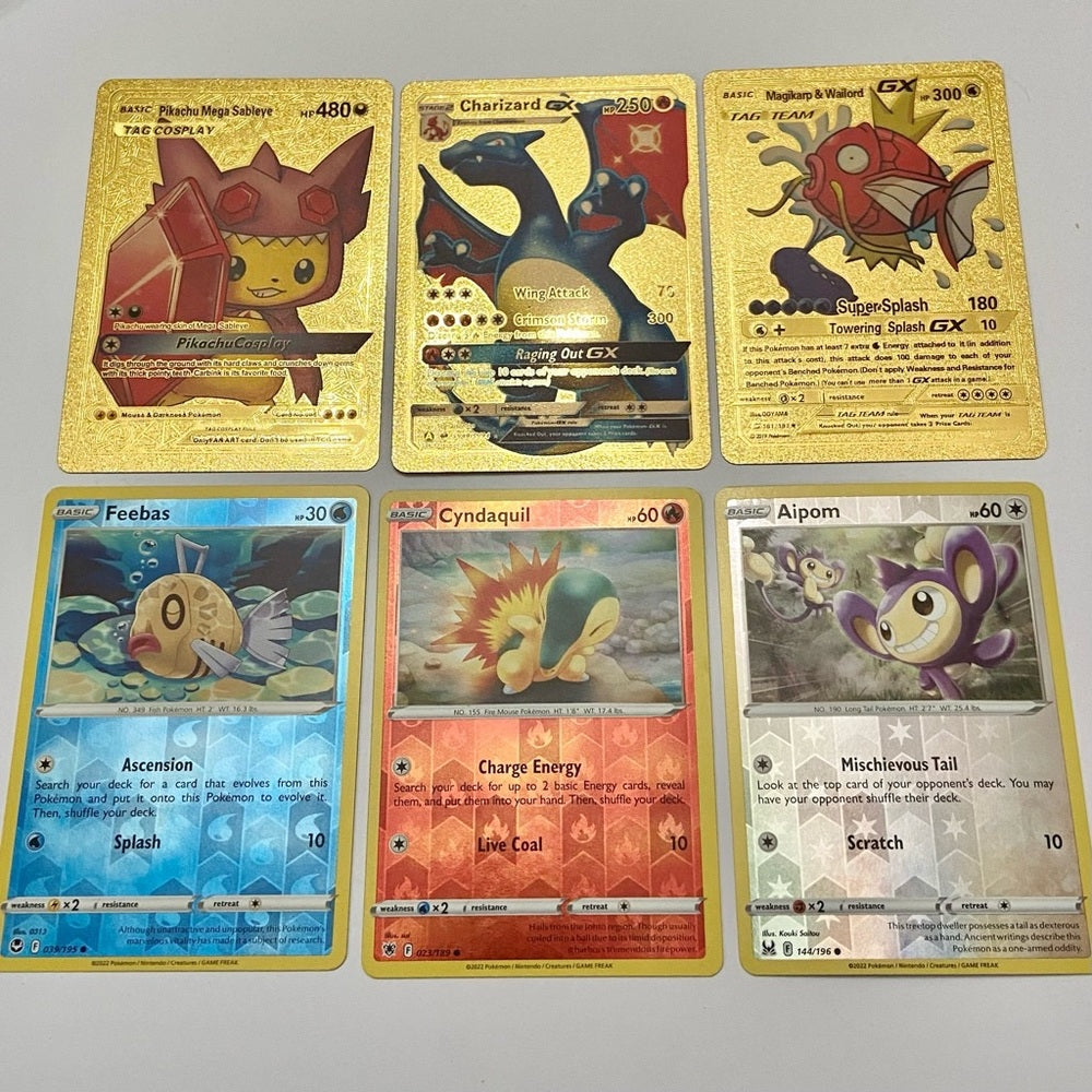Lot (J): 3 Pokemon Reverse Holo Cards and 3 Pokemon Gold Fan Arts