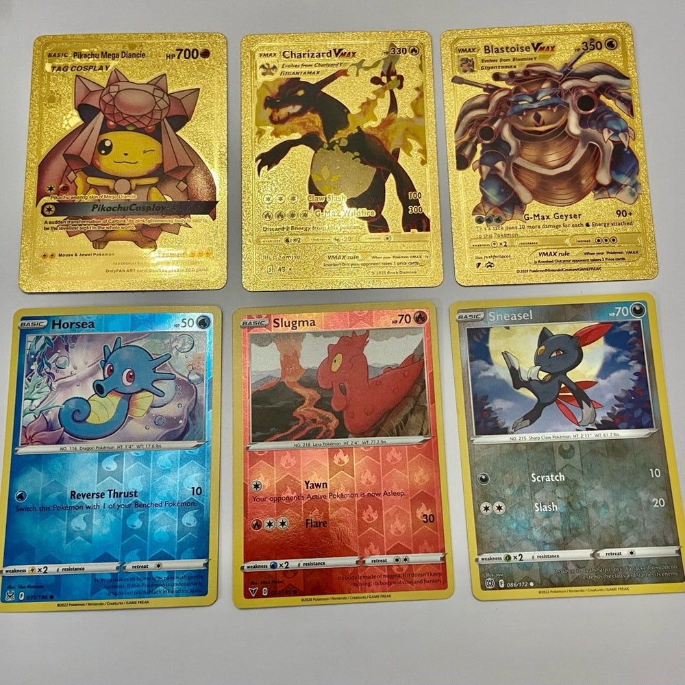 Lot (I): 3 Pokemon Reverse Holo Cards and 3 Pokemon Gold Fan Arts