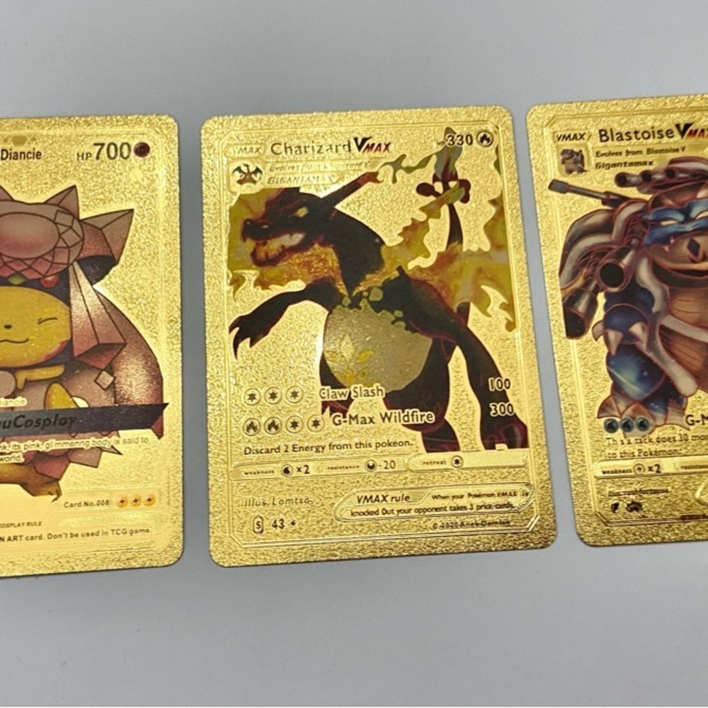 Lot (I): 3 Pokemon Reverse Holo Cards and 3 Pokemon Gold Fan Arts