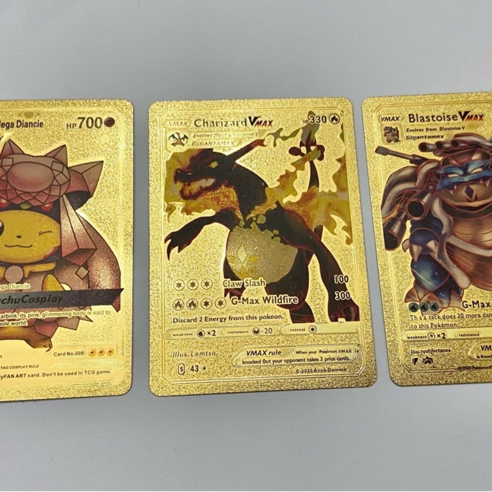 Lot (I): 3 Pokemon Reverse Holo Cards and 3 Pokemon Gold Fan Arts