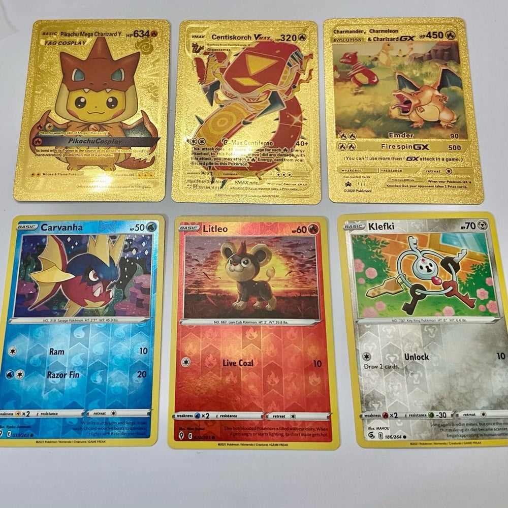 Lot (H): 3 Pokemon Reverse Holo Cards and 3 Pokemon Gold Fan Arts