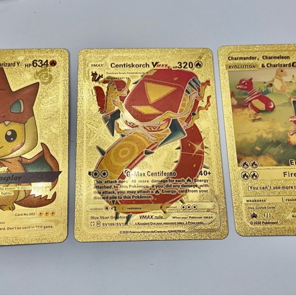 Lot (H): 3 Pokemon Reverse Holo Cards and 3 Pokemon Gold Fan Arts