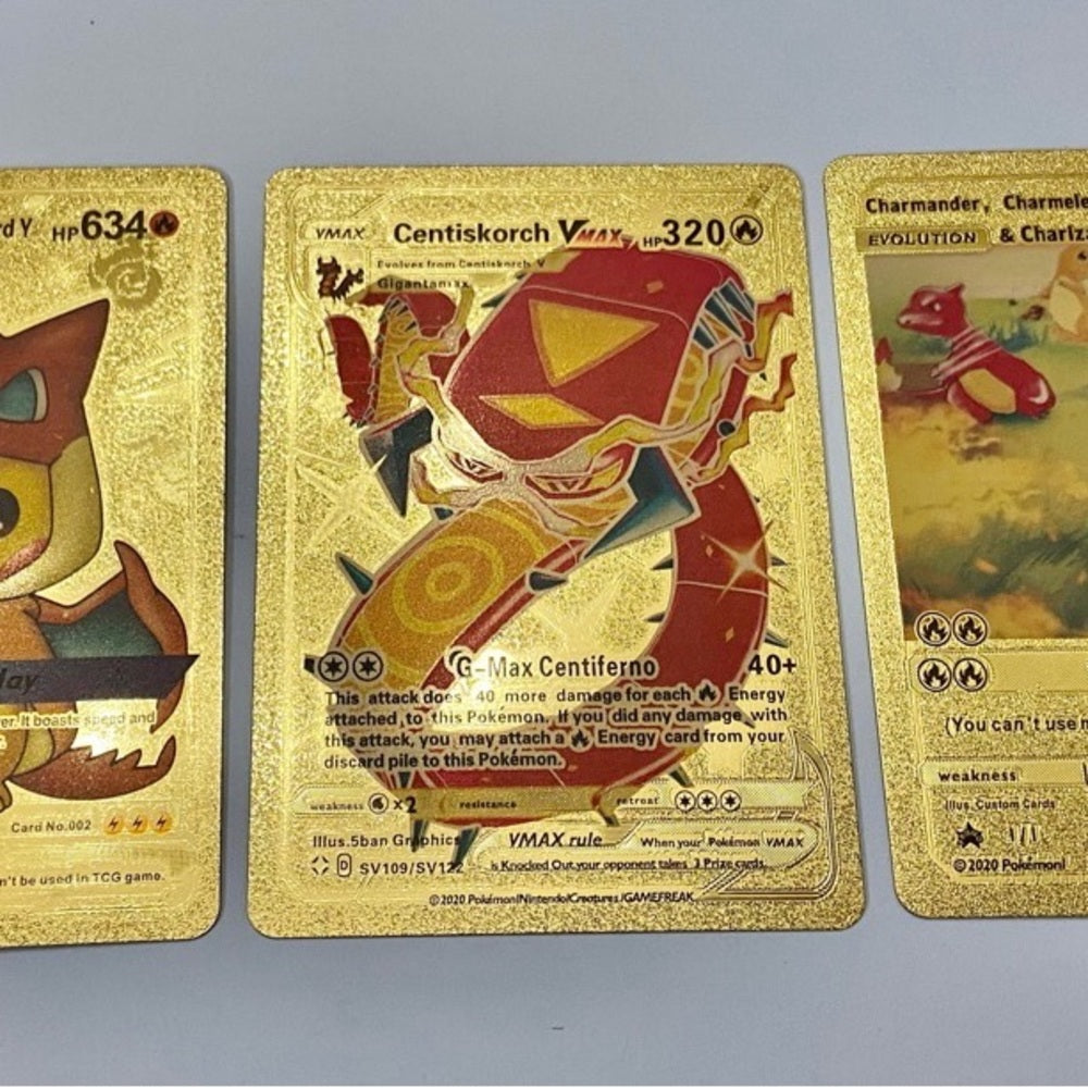 Lot (H): 3 Pokemon Reverse Holo Cards and 3 Pokemon Gold Fan Arts