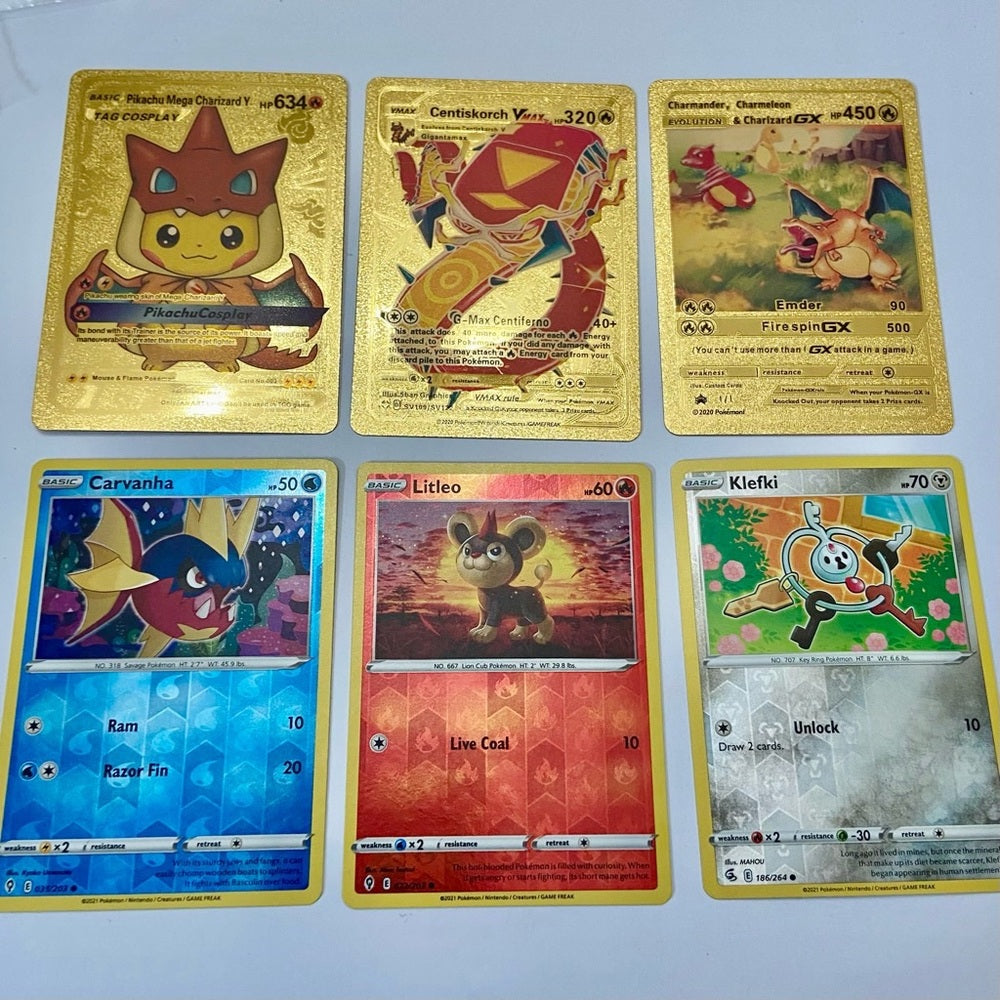 Lot (H): 3 Pokemon Reverse Holo Cards and 3 Pokemon Gold Fan Arts